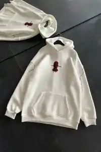 Kadın Kapüşonlu Kanguru Cepli Sweatshirt 3 İplik Pamuklu Baskılı Hoodie - Beyaz