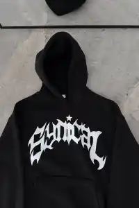 Kadın Kapüşonlu Kanguru Cepli Sweatshirt 3 İplik Pamuklu Baskılı Hoodie -  Siyah