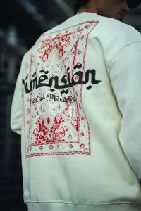 Erkek 3 iplik Pamuklu Bisiklet Yaka Baskılı SweatShirt - Beyaz