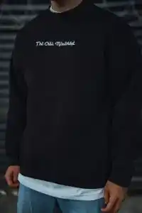Erkek 3 iplik Pamuklu Bisiklet Yaka Baskılı SweatShirt - Siyah