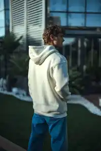 Erkek 3 İplik Pamuklu Kapüşonlu Basic SweatShirt Hoodie - Beyaz