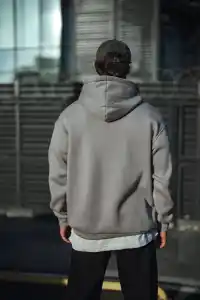 Erkek 3 İplik Penye Kapüşonlu Basic SweatShirt Hoodie - Boyalı Gri