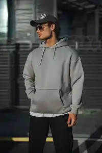 Erkek 3 İplik Penye Kapüşonlu Basic SweatShirt Hoodie - Boyalı Gri