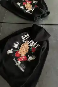 Kadın Oversize Kapüşonlu Cepli Baskılı 3 İplik Pamuklu Hoodie Sweatshirt - Siyah