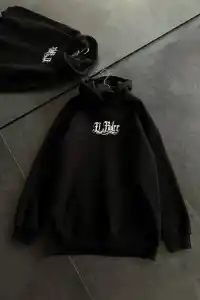 Kadın Oversize Kapüşonlu Cepli Baskılı 3 İplik Pamuklu Hoodie Sweatshirt - Siyah
