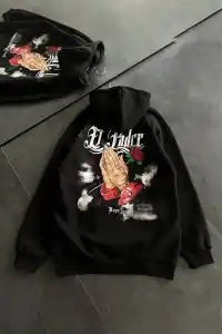 Kadın Oversize Kapüşonlu Cepli Baskılı 3 İplik Pamuklu Hoodie Sweatshirt - Siyah