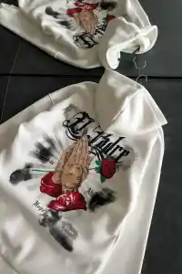 Kadın Oversize Kapüşonlu Cepli Baskılı 3 İplik Pamuklu Hoodie Sweatshirt - Beyaz