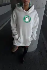 Kadın Oversize Kapüşonlu Kanguru Cepli Baskılı 3 İplik Pamuklu Sweatshirt Hoodie -   Beyaz
