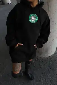 Kadın Oversize Kapüşonlu Kanguru Cepli Baskılı 3 İplik Pamuklu Sweatshirt Hoodie -   Siyah
