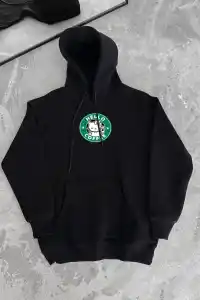 Kadın Oversize Kapüşonlu Kanguru Cepli Baskılı 3 İplik Pamuklu Sweatshirt Hoodie -   Siyah