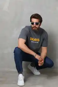Erkek Kısa Kol Yazlık Tişört Bisiklet Yaka Baskılı Oversize T-Shirt - Füme