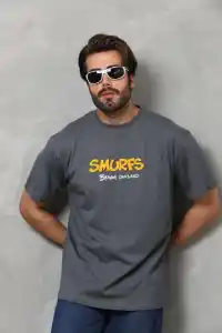 Erkek Kısa Kol Yazlık Tişört Bisiklet Yaka Baskılı Oversize T-Shirt - Füme