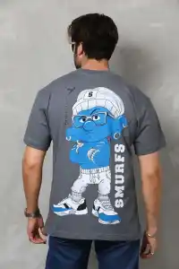 Erkek Kısa Kol Yazlık Tişört Bisiklet Yaka Baskılı Oversize T-Shirt - Füme