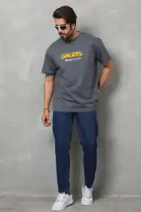 Erkek Kısa Kol Yazlık Tişört Bisiklet Yaka Baskılı Oversize T-Shirt - Füme