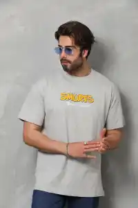 Erkek Kısa Kol Yazlık Tişört Bisiklet Yaka Baskılı Oversize T-Shirt - Gri