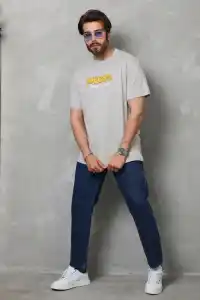 Erkek Kısa Kol Yazlık Tişört Bisiklet Yaka Baskılı Oversize T-Shirt - Gri