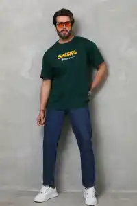 Erkek Kısa Kol Yazlık Tişört Bisiklet Yaka Baskılı Oversize T-Shirt - Yeşil
