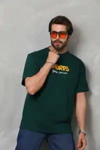 Erkek Kısa Kol Yazlık Tişört Bisiklet Yaka Baskılı Oversize T-Shirt - Yeşil