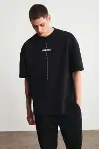 Erkek Baskılı T-Shirt Kısa Kol Bisiklet Yaka Regular Fit Rahat Kalıp Tişört - Siyah