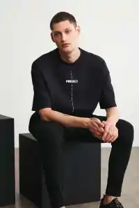 Erkek Baskılı T-Shirt Kısa Kol Bisiklet Yaka Regular Fit Rahat Kalıp Tişört - Siyah