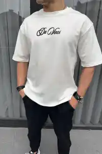 Erkek Baskılı T-Shirt Kısa Kol Bisiklet Yaka Regular Fit Rahat Kalıp Günlük Tişört - Beyaz