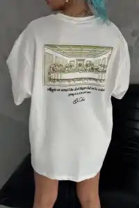 Kadın Baskılı T-Shirt Kısa Kol Bisiklet Yaka Oversize Rahat Kalıp Günlük Tişört - Beyaz