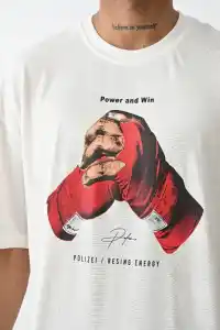 Erkek Box Eldiven Baskılı T-Shirt Kısa Kol Bisiklet Yaka Tişört - Beyaz