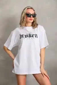 Kadın Kısa Kol Yazlık Tişört Bisiklet Yaka Baskılı Oversize T-Shirt - Beyaz