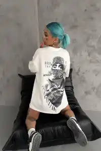 Kadın Kısa Kol Tişört Bisiklet Yaka Filistin Poşülü Baskılı T-Shirt - Beyaz