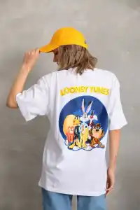 Kadın Kısa Kol Yazlık Tişört Bisiklet Yaka Baskılı Oversize T-Shirt - Beyaz