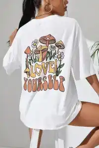 Kadın Baskılı Oversize kısa kol T-Shirt - Beyaz