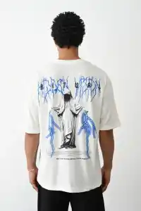 Erkek Kısa Kol Yazlık Tişört Bisiklet Yaka Baskılı Oversize T-Shirt -  Beyaz