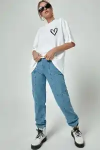 Kadın Tişort Kalp Baskılı Bisiklet yaka Kısa kol T-Shirt - Beyaz