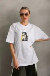 Kadın Baskılı T-Shirt Kısa Kol Bisiklet Yaka Oversize Rahat Kalıp Günlük Tişört - Beyaz