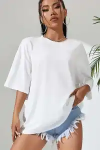 Kadın Baskılı Oversize kısa kol T-Shirt - Beyaz