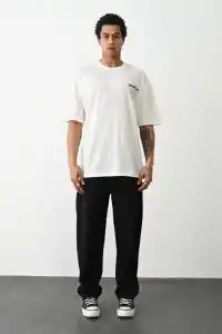 Erkek Kısa Kol Yazlık Tişört Bisiklet Yaka Baskılı Oversize T-Shirt - Beyaz