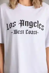 Kadın Baskılı Tişört Kısa Kol Bisiklet Yaka Oversize T-Shirt - Beyaz