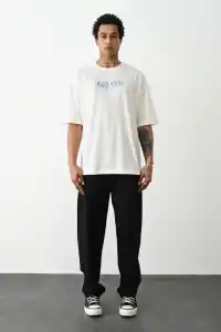 Erkek Kısa Kol Yazlık Tişört Bisiklet Yaka Baskılı Oversize T-Shirt -  Beyaz