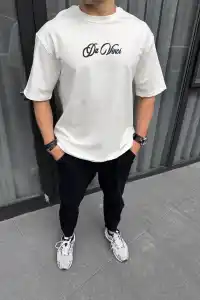 Erkek Baskılı T-Shirt Kısa Kol Bisiklet Yaka Regular Fit Rahat Kalıp Günlük Tişört - Beyaz