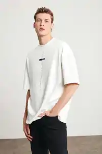 Erkek Baskılı T-Shirt Kısa Kol Bisiklet Yaka Regular Fit Rahat Kalıp Tişört - Beyaz