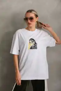 Kadın Baskılı T-Shirt Kısa Kol Bisiklet Yaka Oversize Rahat Kalıp Günlük Tişört - Beyaz