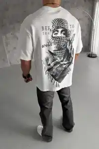 Erkek Kısa Kol Tişört Bisiklet Yaka Filistin Poşulu Baskılı T-Shirt - Beyaz