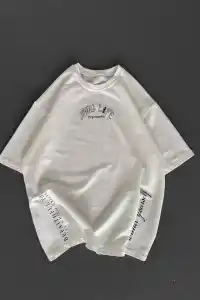 Erkek Kısa Kol Tişört Bisiklet Yaka Filistin Poşulu Baskılı T-Shirt - Beyaz