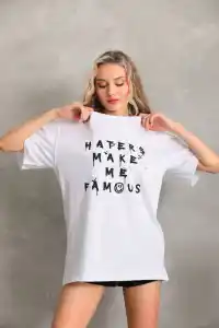 Kadın ön ve arka Baskılı Oversize Kısa kol  T-Shirt - Beyaz