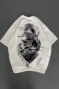 Erkek Kısa Kol Tişört Bisiklet Yaka Filistin Poşulu Baskılı T-Shirt - Beyaz