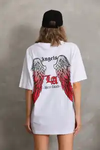 Kadın Baskılı Tişört Kısa Kol Bisiklet Yaka Oversize T-Shirt - Beyaz