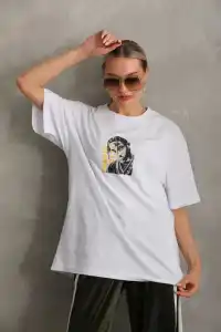Kadın Baskılı T-Shirt Kısa Kol Bisiklet Yaka Oversize Rahat Kalıp Günlük Tişört - Beyaz