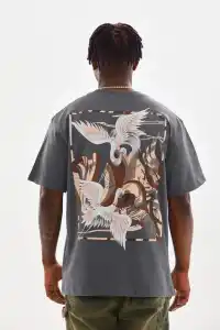 Erkek Baskılı T-Shirt Kısa Kol Bisiklet Yaka Rahat Kalıp Tişört  - Füme