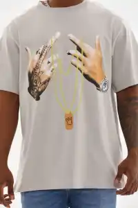 Erkek Baskılı T-Shirt Kısa Kol Bisiklet Yaka Rahat Kalıp Tişört - Gri