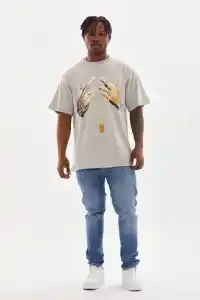 Erkek Baskılı T-Shirt Kısa Kol Bisiklet Yaka Rahat Kalıp Tişört - Gri